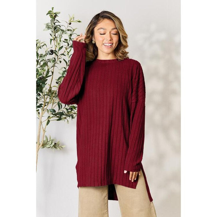 Basic Bae Ribbed Round Neck Long Sleeve Slit Top