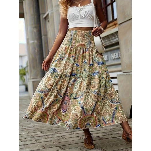 Tiered Smocked Printed High Waist Skirt