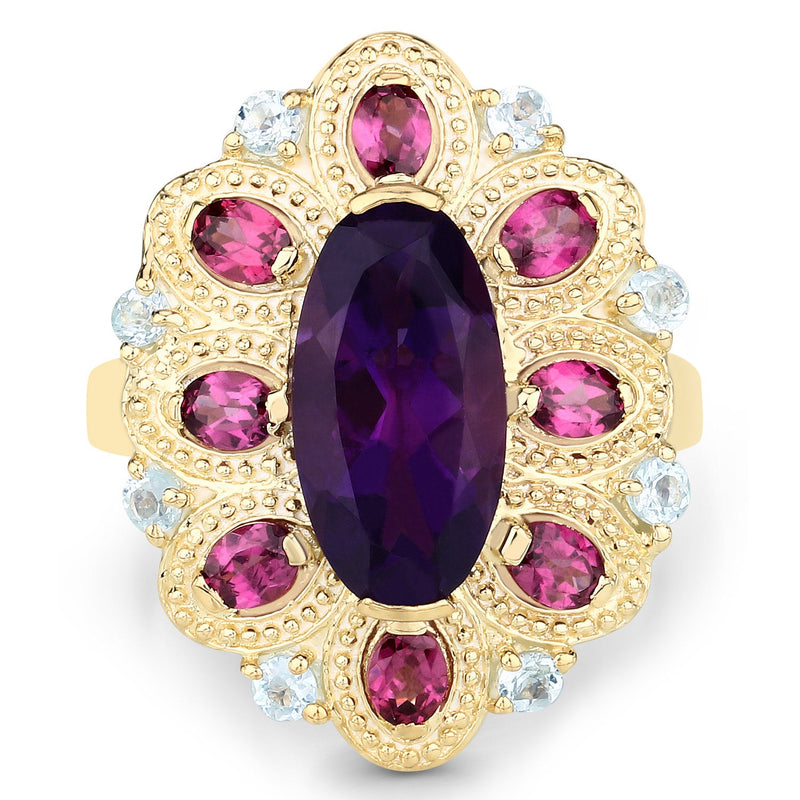 Bids.com 6.80 Carat Genuine Amethyst, Rhodolite and Blue Topaz .925 Sterling Silver Ring Rings