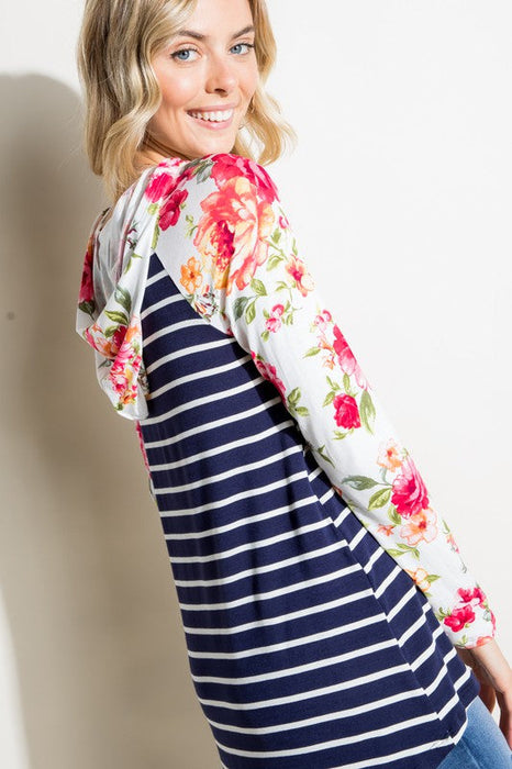 PLUS STRIPE FLORAL MIX HOODIE TOP