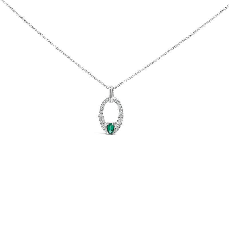 Bids.com .925 Sterling Silver Created Green Emerald and White Sapphire Oval Shaped Pendant Necklace - 18" Inches Necklaces