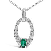Bids.com .925 Sterling Silver Created Green Emerald and White Sapphire Oval Shaped Pendant Necklace - 18" Inches Necklaces