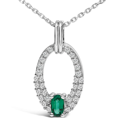 Bids.com .925 Sterling Silver Created Green Emerald and White Sapphire Oval Shaped Pendant Necklace - 18" Inches Necklaces