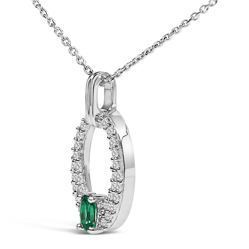 Bids.com .925 Sterling Silver Created Green Emerald and White Sapphire Oval Shaped Pendant Necklace - 18" Inches Necklaces