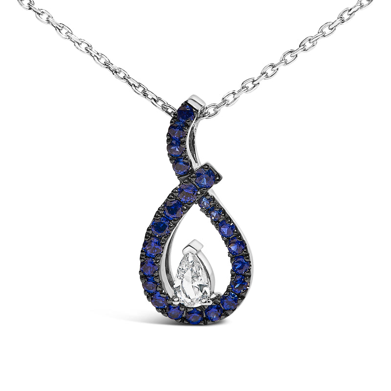 Bids.com .925 Sterling Silver Created Blue and White Sapphire Teardrop Shaped Pendant Necklace - 18" Inches Necklaces