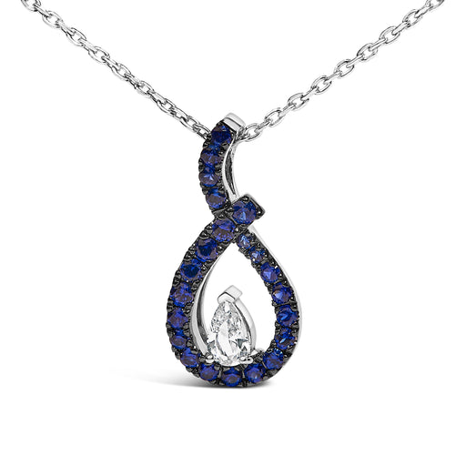 Bids.com .925 Sterling Silver Created Blue and White Sapphire Teardrop Shaped Pendant Necklace - 18" Inches Necklaces
