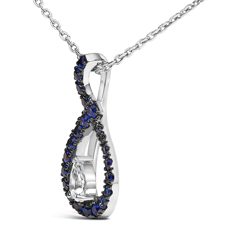 Bids.com .925 Sterling Silver Created Blue and White Sapphire Teardrop Shaped Pendant Necklace - 18" Inches Necklaces