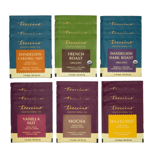Teeccino Best Selling Herbal Teas Sampler - 6 Flavors - 18 Servings Free Packet