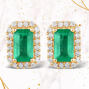 Bids.com 0.91 Carat Genuine Zambian Emerald and White Diamond 14K Yellow Gold Earrings Earrings