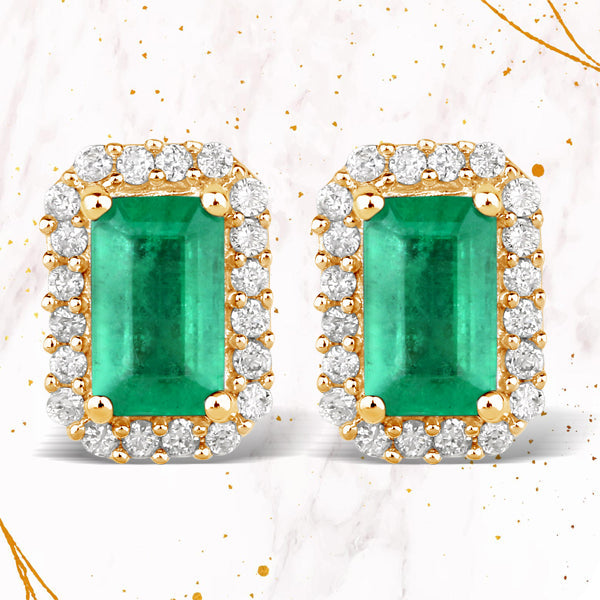 Bids.com 0.91 Carat Genuine Zambian Emerald and White Diamond 14K Yellow Gold Earrings Earrings