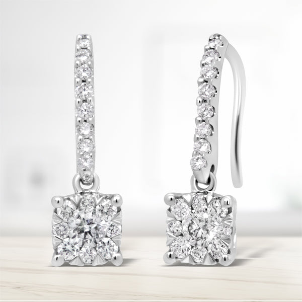 Bids.com 14K White 1/2 Cttw Round Diamond Halo Dangle Hook Earring - (H-I Color, SI2-I1 Clarity) Earrings