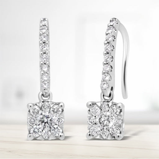 Bids.com 14K White 1/2 Cttw Round Diamond Halo Dangle Hook Earring - (H-I Color, SI2-I1 Clarity) Earrings