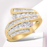 Bids.com 10K Yellow Gold 1 Cttw Round and Baguette-Cut Diamond Multi Row Bypass Ring Band (H-I Color, I1-I2 Clarity) - Ring Size 7 Rings