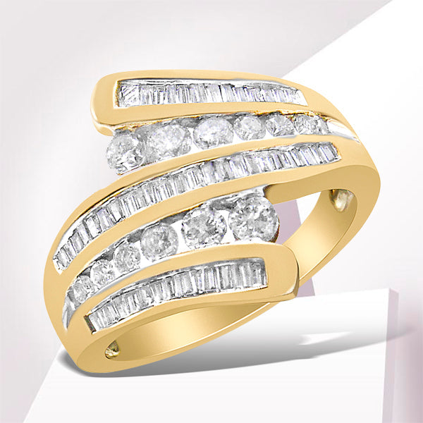 Bids.com 10K Yellow Gold 1 Cttw Round and Baguette-Cut Diamond Multi Row Bypass Ring Band (H-I Color, I1-I2 Clarity) - Ring Size 7 Rings