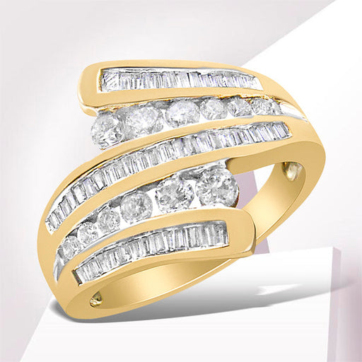 Bids.com 10K Yellow Gold 1 Cttw Round and Baguette-Cut Diamond Multi Row Bypass Ring Band (H-I Color, I1-I2 Clarity) - Ring Size 7 Rings