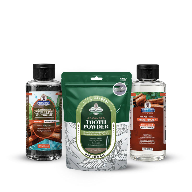 Garner's Garden Travel Sized Oral Care Trio | Trio | H2O2 | Fluoride Free Oral Care White Smoke Cinnamint / 2oz Rinses / Regular Strength + 2oz Organic Tooth Powder