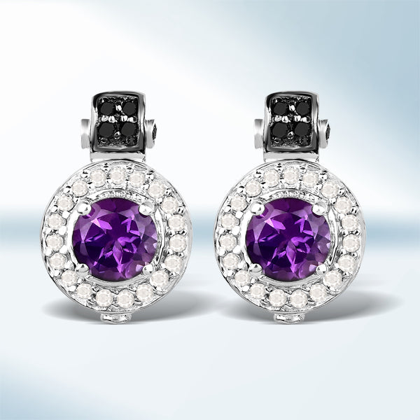 Bids.com 2.29 Carat Genuine Amethyst, Black Diamond and White Diamond .925 Sterling Silver Earrings Earrings