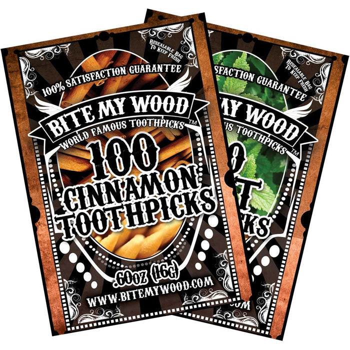 2 Pack BiteMyWood Cinnamon and Mint Flavored Birchwood Toothpicks in 100 Qty Plastic Reusable Bags