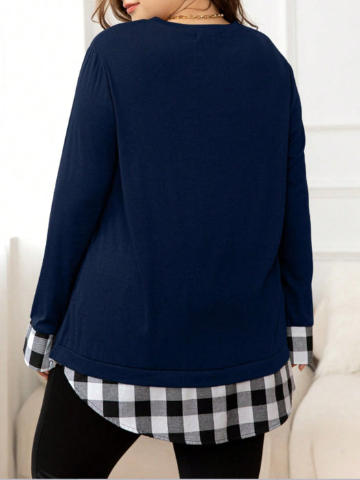 Plaid Hem Round Neck Long Sleeve Sweatshirt