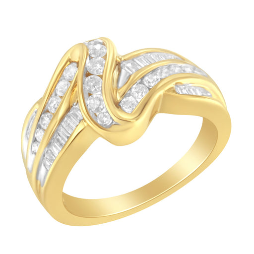 Bids.com 10K Yellow Gold 3/4 Cttw Channel Set Round and Baguette-cut Diamond Double Shank Bypass Ring (J-K Color, I1-I2 Clarity) - Size 6.75 Rings