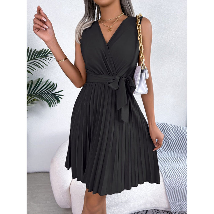 Tied Surplice Sleeveless Pleated Dress