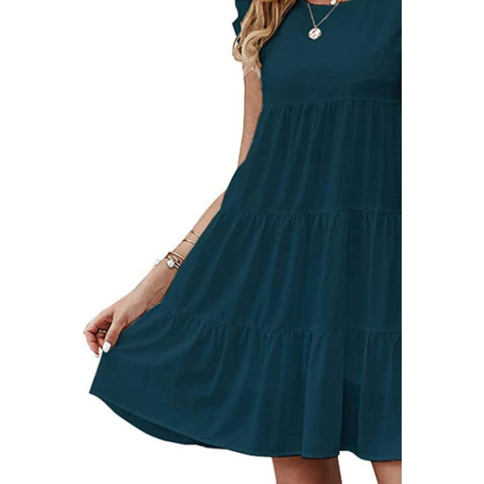 Ruffled Round Neck Cap Sleeve Mini Dress