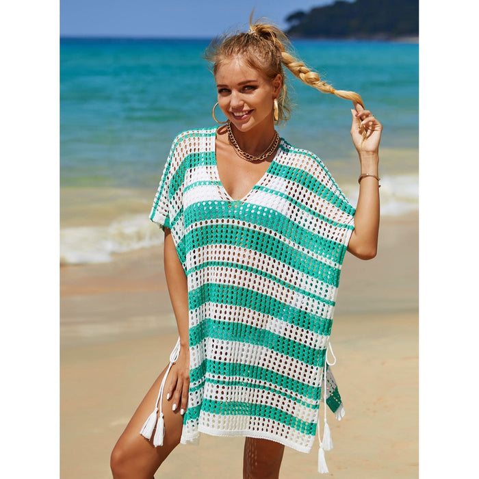 Tassel Openwork Striped V-Neck Cover Up