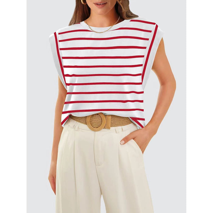 Striped Round Neck Cap Sleeve T-Shirt