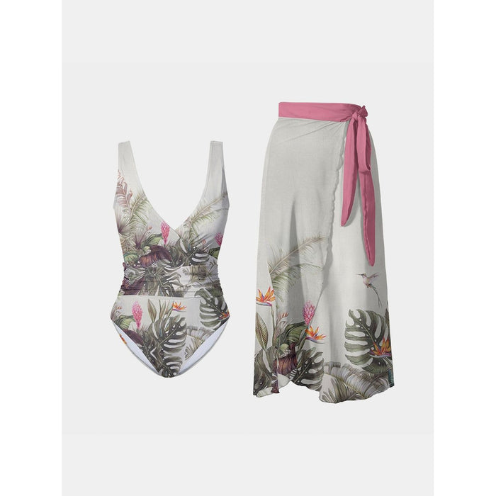 Printed Surplice Wide Strap Swimwear and Skirt Swim Set