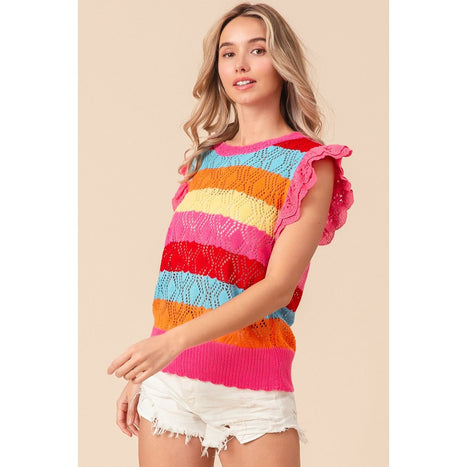 BiBi Pointelle Striped Ruffled Knit Top