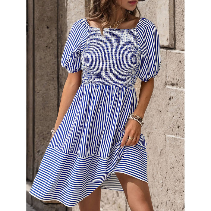 Smocked Striped Balloon Sleeve Mini Dress