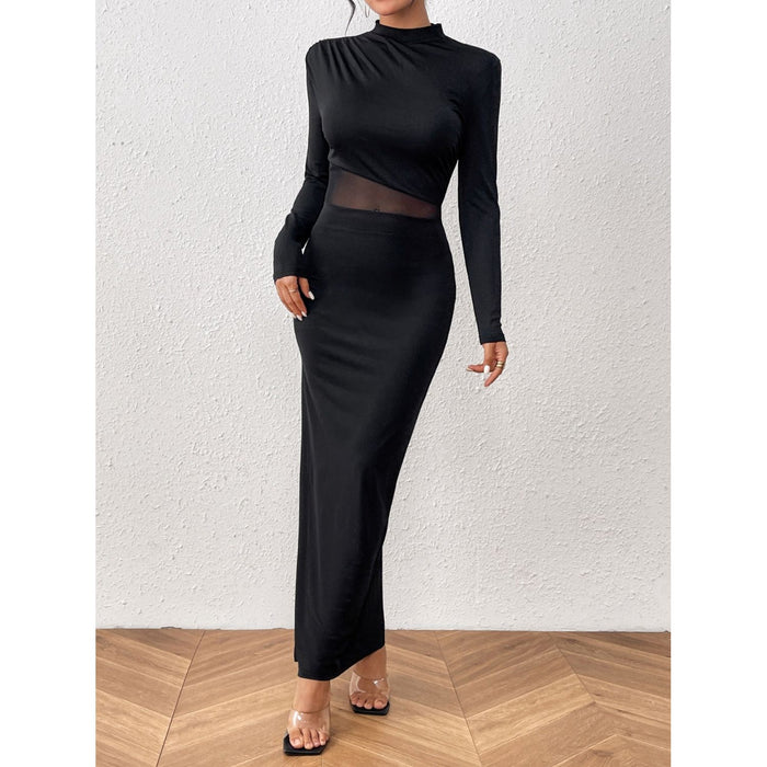 Slit Mock Neck Long Sleeve Maxi Dress