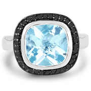 Bids.com 5.23 Carat Genuine Baby Swiss Blue Topaz and Black Diamond .925 Sterling Silver Ring Rings