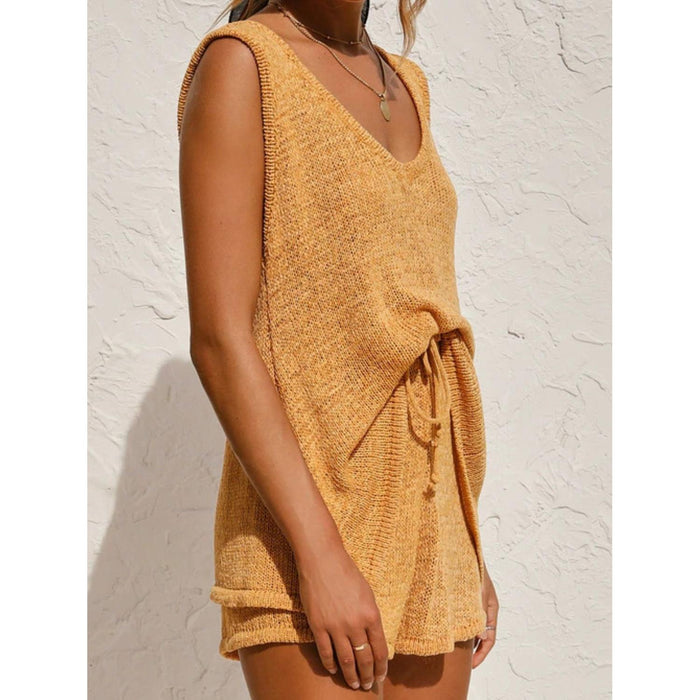 V-Neck Sleeveless Top and Drawstring Shorts Sweater Set