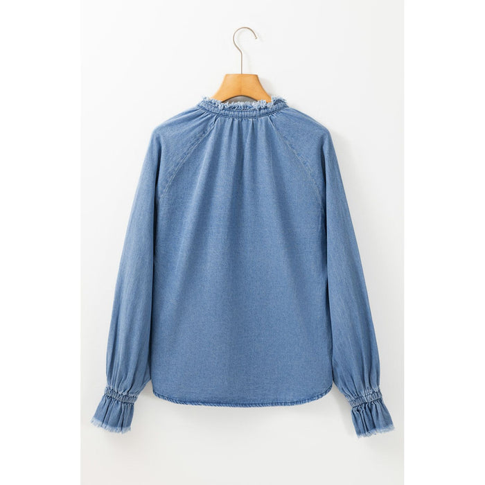 Half Button Long Sleeve Denim Top