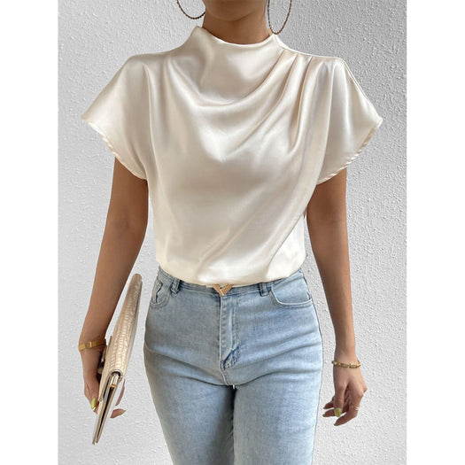 Ruched Mock Neck Short Sleeve Blouse