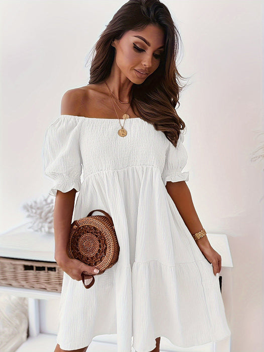 Ruched Ruffled Off-Shoulder Short Sleeve Dress