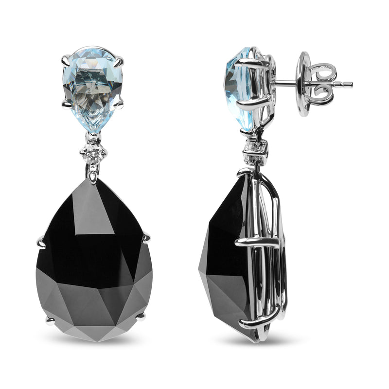 Bids.com 18K White Gold 1/5 Cttw Diamond with Pear Cut Sky Blue Topaz and Pear-Cut Black Onyx Gemstone Dangle Earring (G-H Color, SI1-SI2 Clarity) Earrings