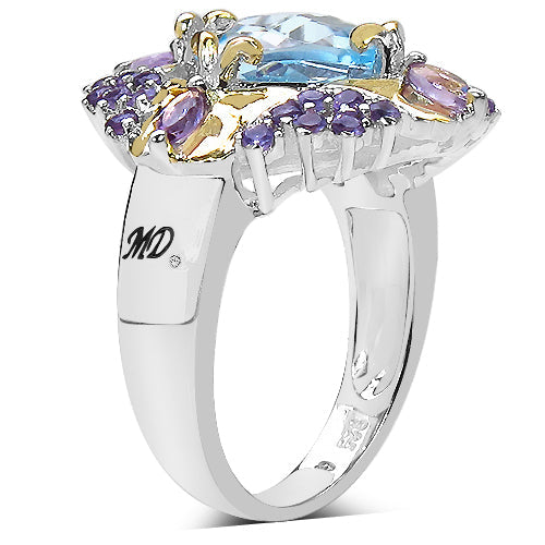 Bids.com 5.66 Carat Genuine Blue Topaz, Amethyst & White Diamond .925 Sterling Silver Ring Rings