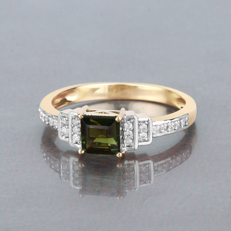 Bids.com 0.72 Carat Genuine Green Tourmaline and White Diamond 14K Yellow Gold Ring Rings