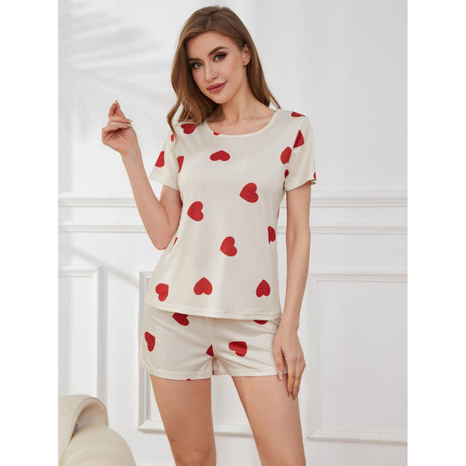 Heart Round Neck Top and Shorts Lounge Set