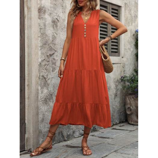 Decorative Button Notched Sleeveless Dress