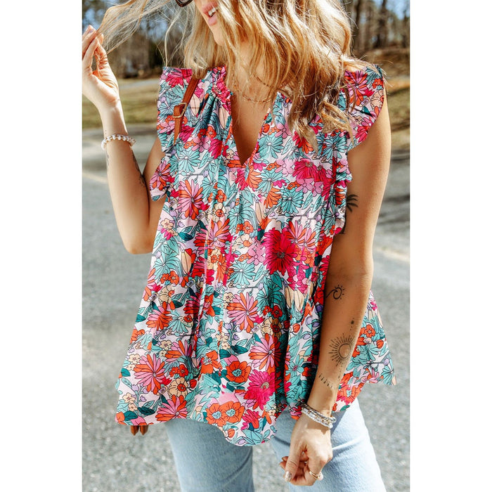 Ruffled Printed Tie Neck Cap Sleeve Blouse