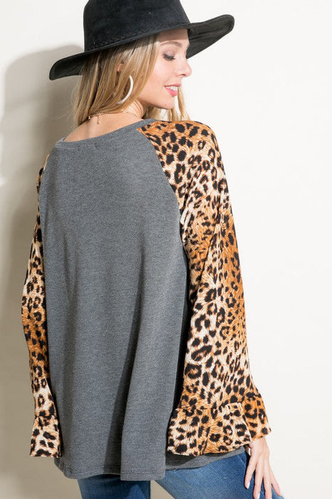 Plus Solid Cheetah Mixed Blouse Top