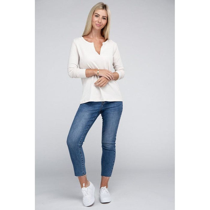 Melange Baby Waffle V-Neck Long Sleeve Top