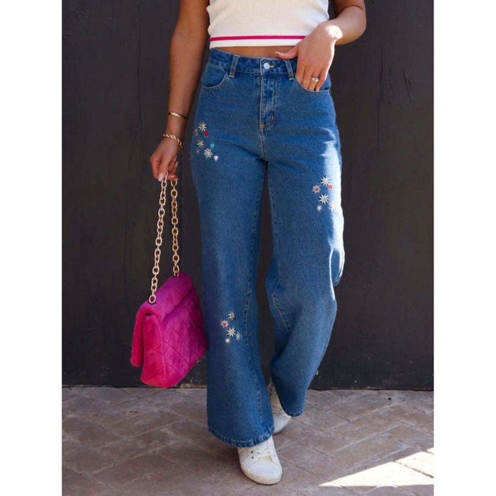 Embroidered Straight Jeans with Pockets