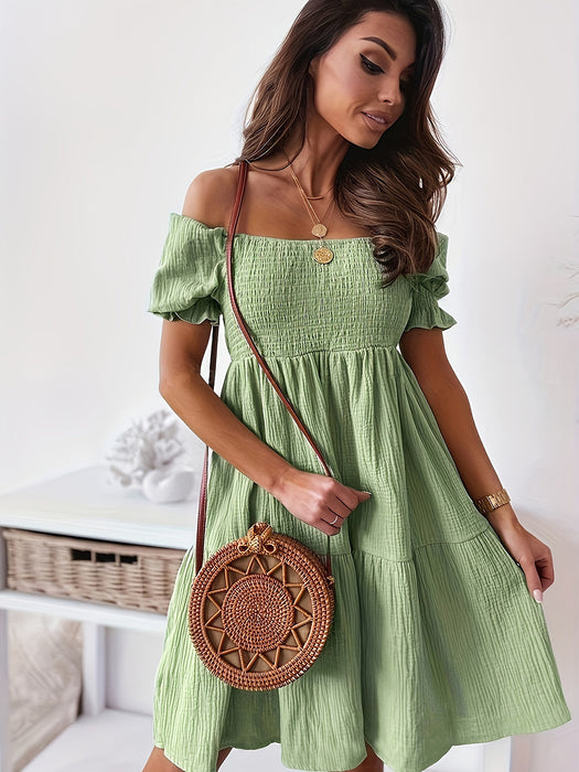 Ruched Ruffled Off-Shoulder Short Sleeve Dress