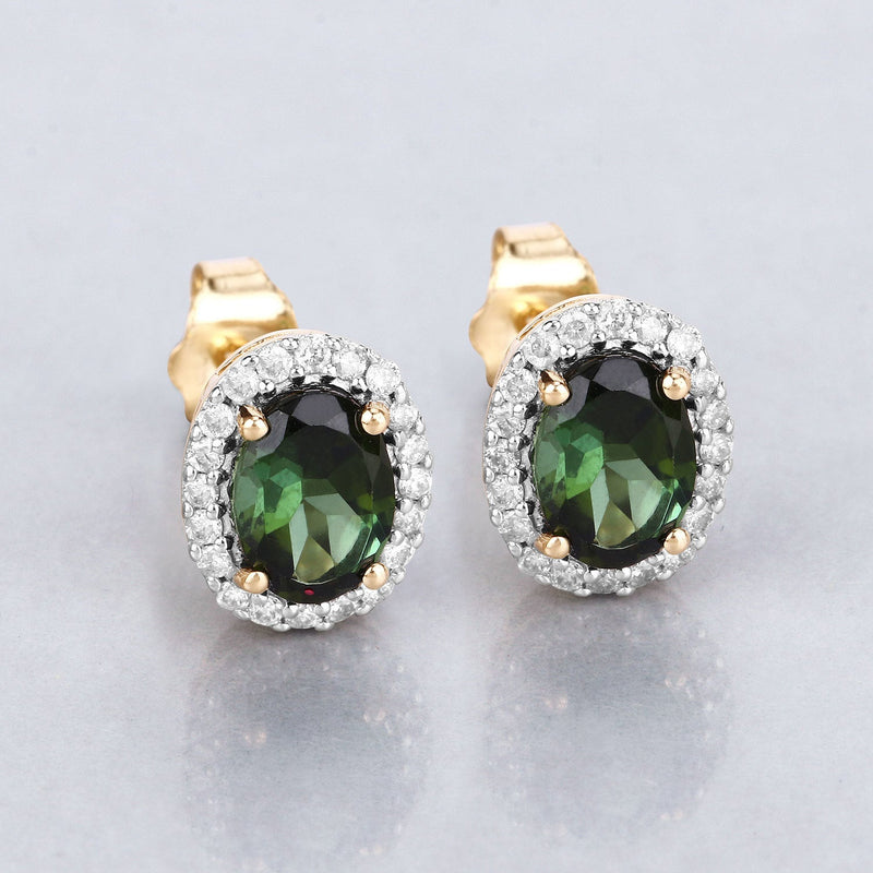 Bids.com 1.92 Carat Genuine Green Tourmaline and White Diamond 14K Yellow Gold Earrings Earrings