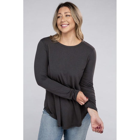 Plus Long Sleeve Round Neck Round Hem Top