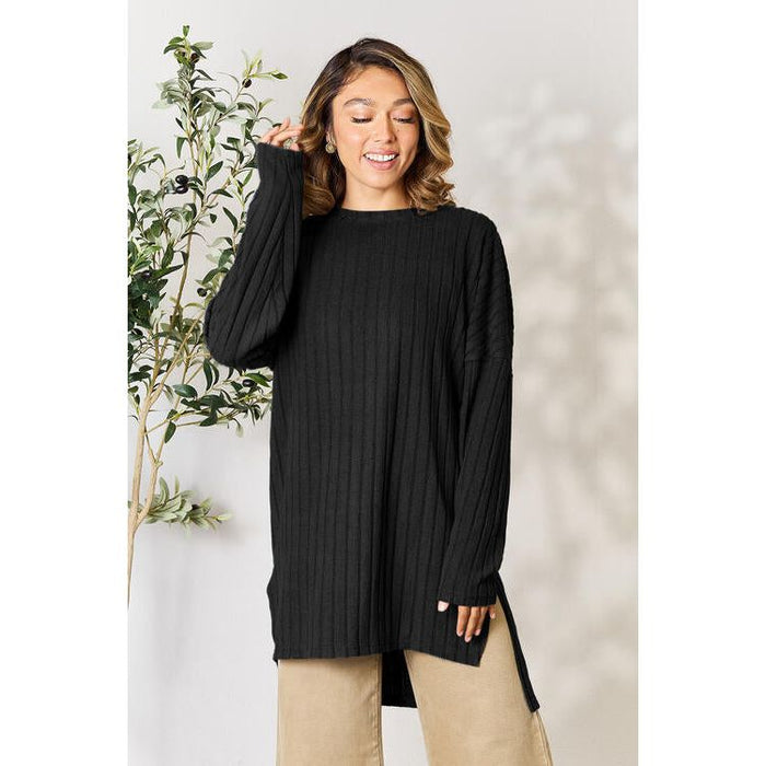 Basic Bae Ribbed Round Neck Long Sleeve Slit Top